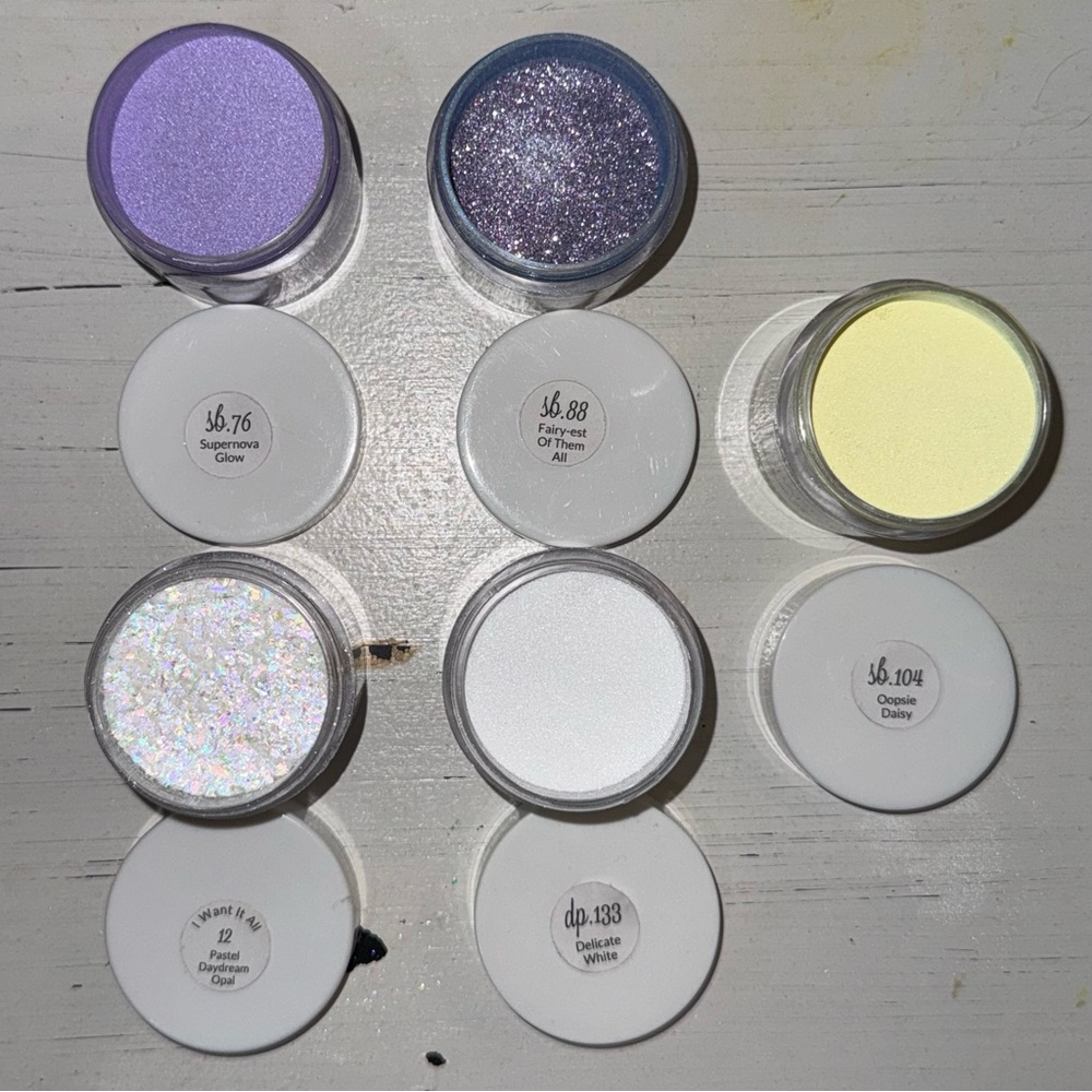 Lot of 5 Sparkle and Co Dip Powder 1oz Jars: Purple Yellow White Glitter